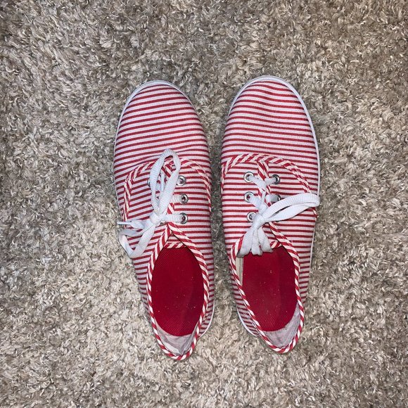 Shoes - Red and White Striped Lace-Up Shoes Women’s Size 8